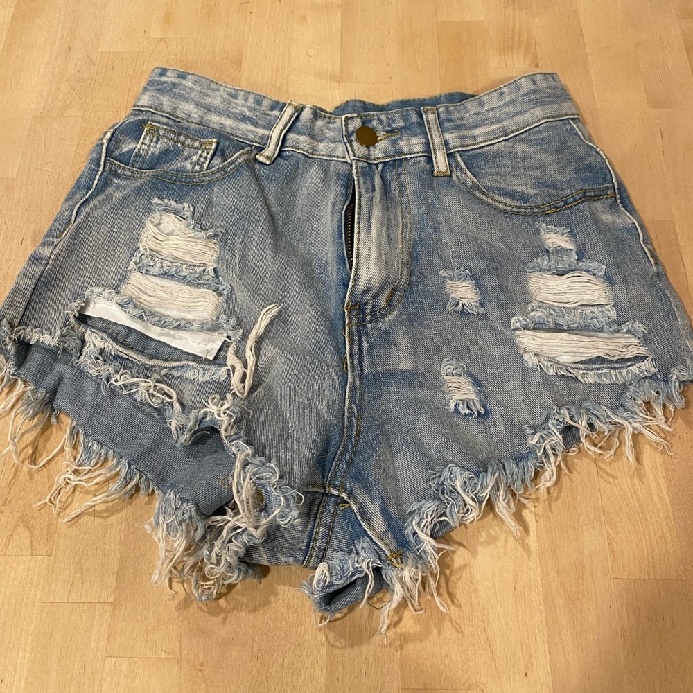 Shein cutoff blue Jean shorts. Distressed. Size small. 5 pocket style. {1055}